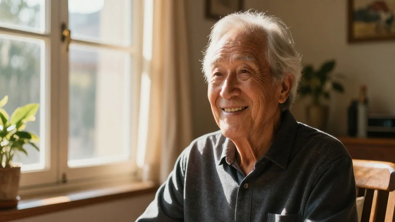 Abuelo sonriente bajo la cálida luz de casa
