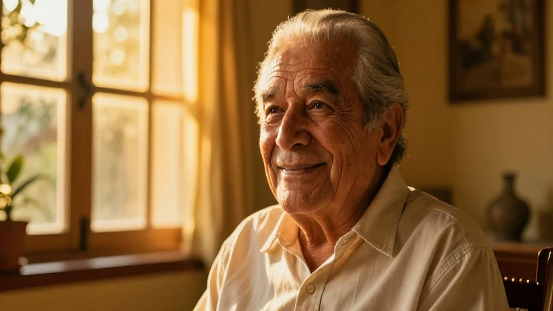 Anciano mexicano sonríe bajo luz dorada