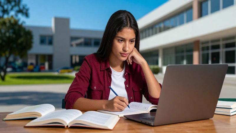 Estudiante mexicano estudiando intensamente en campus moderno