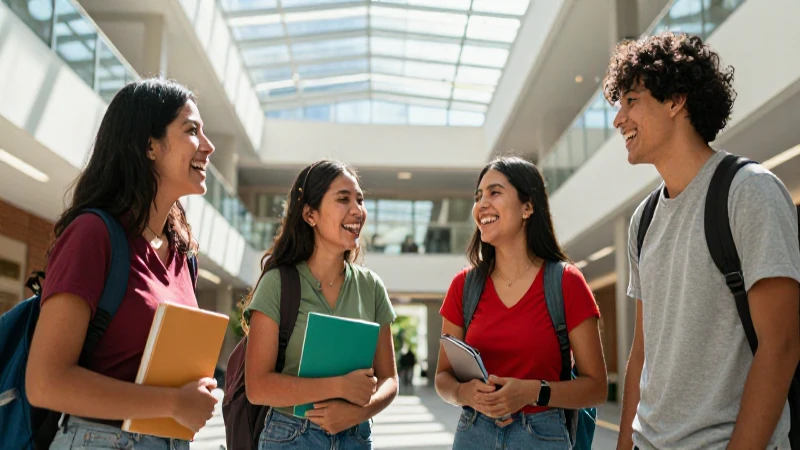 Risas universitarias en vibrante campus moderno