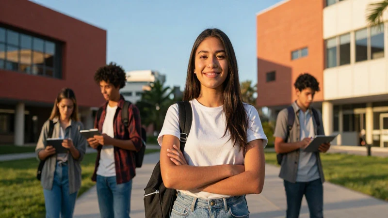 Joven mexicano sonriente en moderno campus