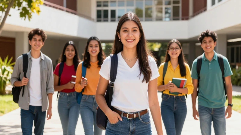 Estudiantes mexicanos felices en campus moderno