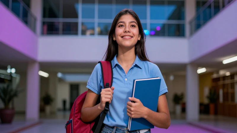 Estudiante mexicano exitoso en campus moderno y dinámico