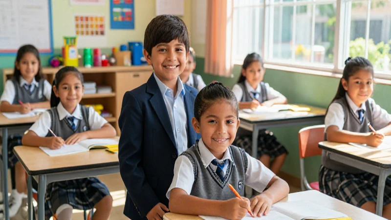 Niños mexicanos alegres en aula brillante