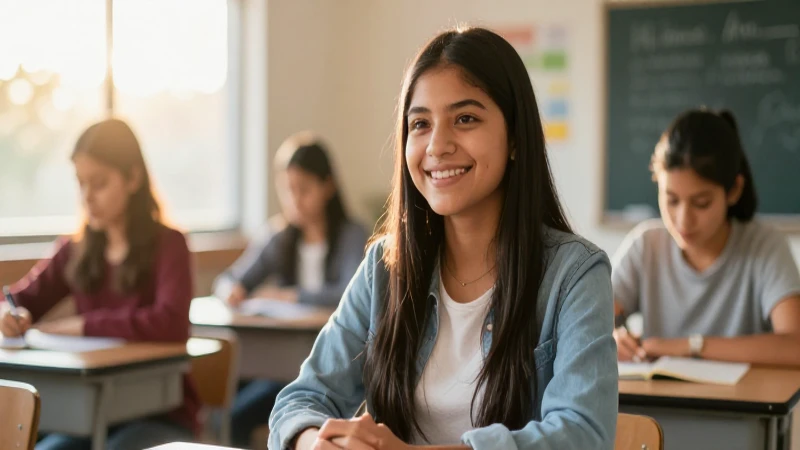 Estudiante mexicano feliz en aula iluminada