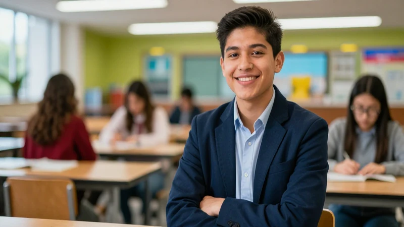 Estudiante sonriente en campus universitario moderno