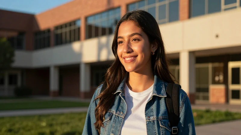 Estudiante mexicano sonríe en campus moderno y dorado