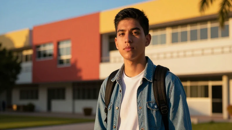 Estudiante mexicano determinado en campus moderno