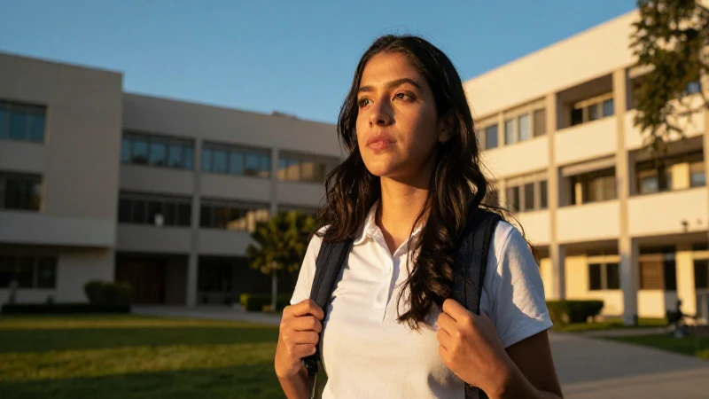 Estudiante ambicioso en campus moderno y vibrante