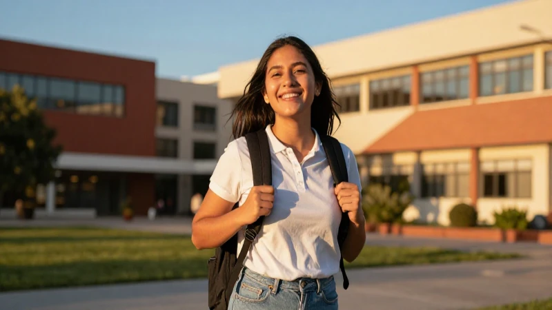 Estudiante feliz en campus universitario con luz dorada