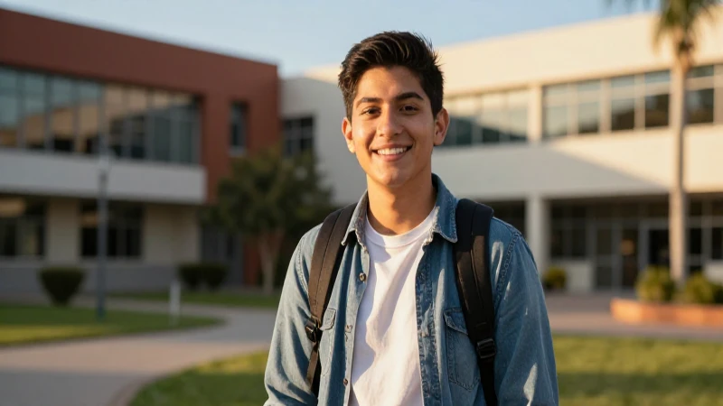 Estudiante mexicano sonriente en campus vibrante