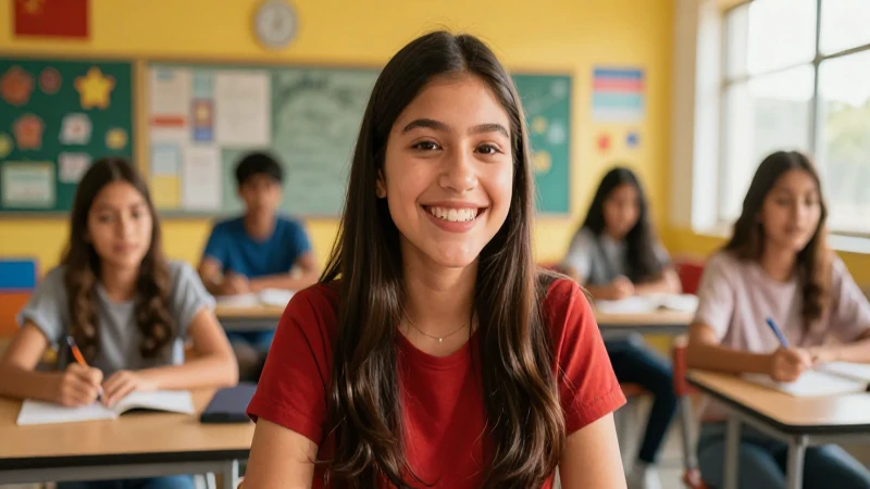 Estudiante mexicano sonriente en aula moderna con luz dorada