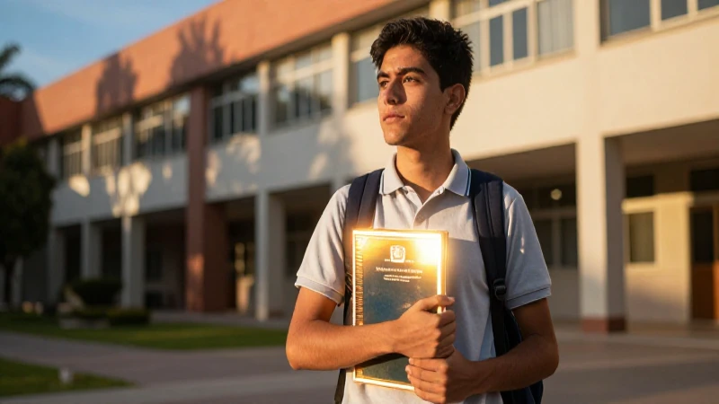 Estudiante mexicano brillante en campus dorado