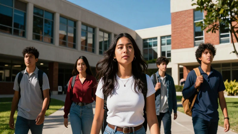 Estudiante universitario mexicano en campus moderno con luz vibrante