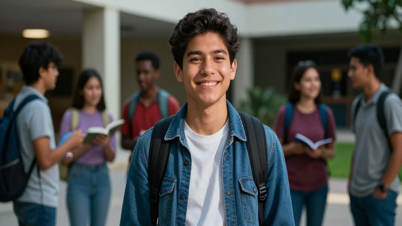 Joven estudiante mexicano en campus diverso, con oportunidades académicas