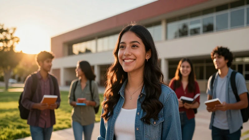 Estudiante mexicano sonríe en campus bajo luz dorada