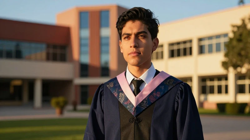 Joven estudiante mexicano, determinación y campus moderno