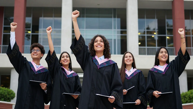 Estudiante mexicano triunfal en campus moderno
