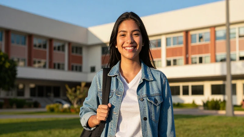 Estudiante mexicano sonríe en campus moderno