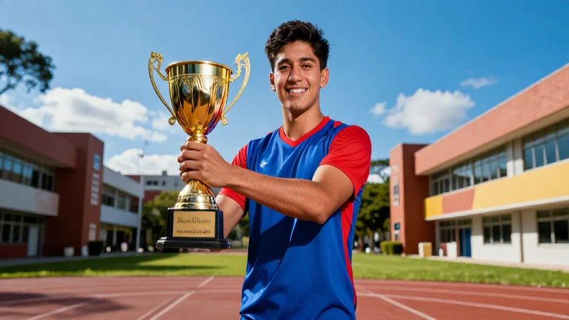Atleta mexicano con trofeo en campus