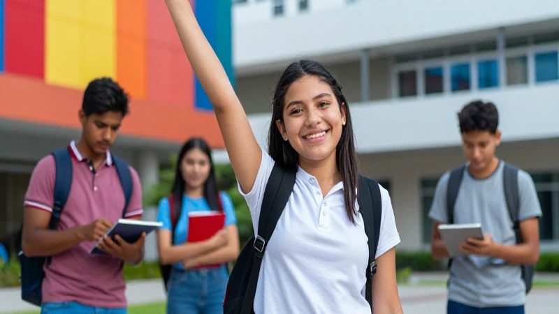 Joven estudiante mexicano sonríe en el campus moderno