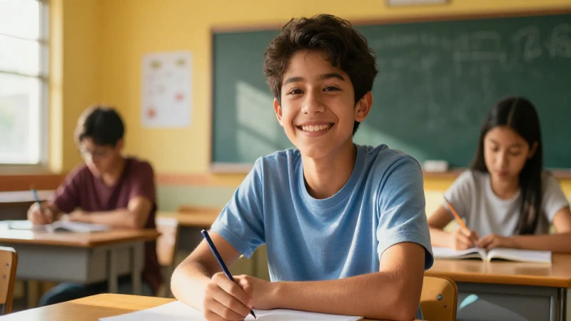 Estudiante mexicano sonriente en aula vibrante