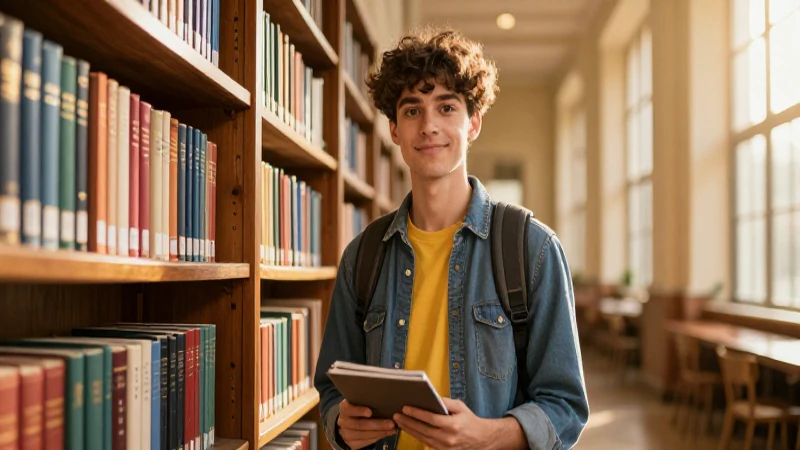 Erudito en biblioteca bajo luz dorada