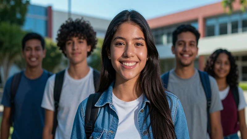 Joven estudiante mexicano sonríe orgulloso en campus