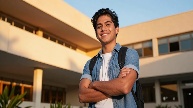 Joven académico mexicano, campus universitario moderno