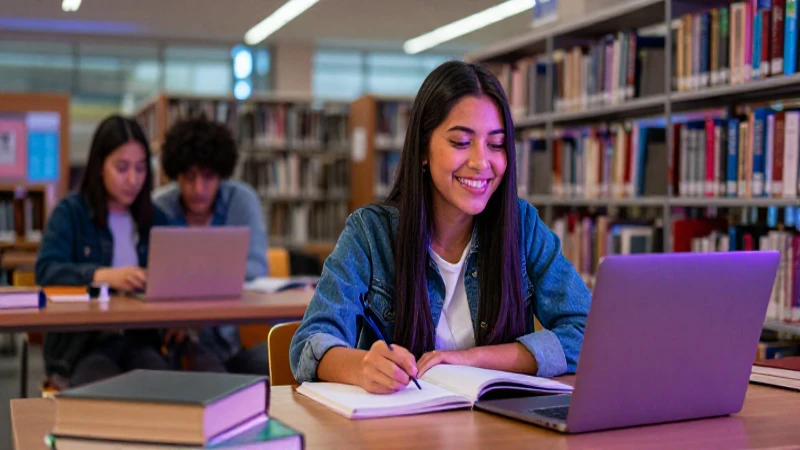 Joven estudiante mexicano sonríe estudiando en biblioteca moderna