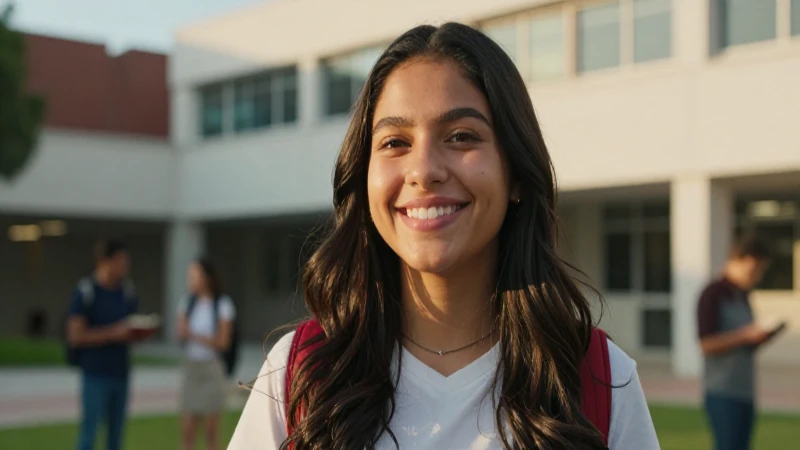 Estudiante mexicano sonriendo en campus iluminado
