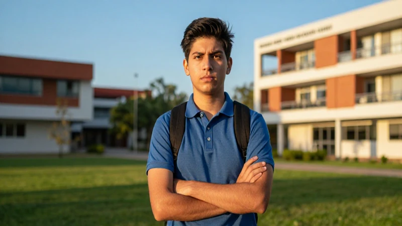 Joven mexicano, decidido, en campus moderno