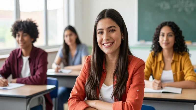 Estudiante mexicana sonriente en aula luminosa
