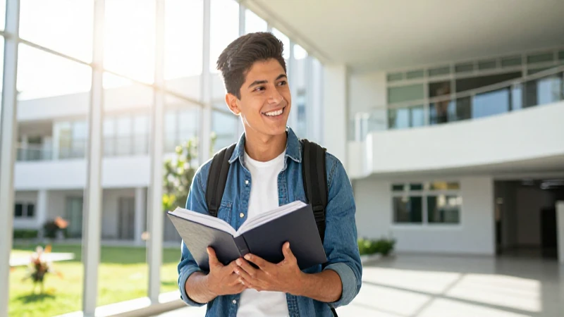 Estudiante sonríe en campus moderno bajo luz intensa