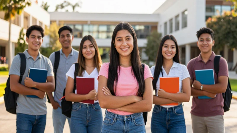 Jóvenes mexicanos sonriendo en campus moderno