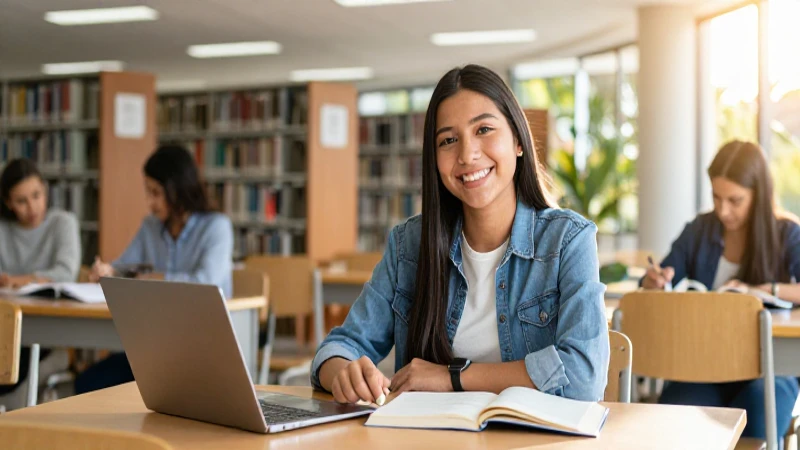 Estudiante mexicano sonriente en entorno universitario vibrante