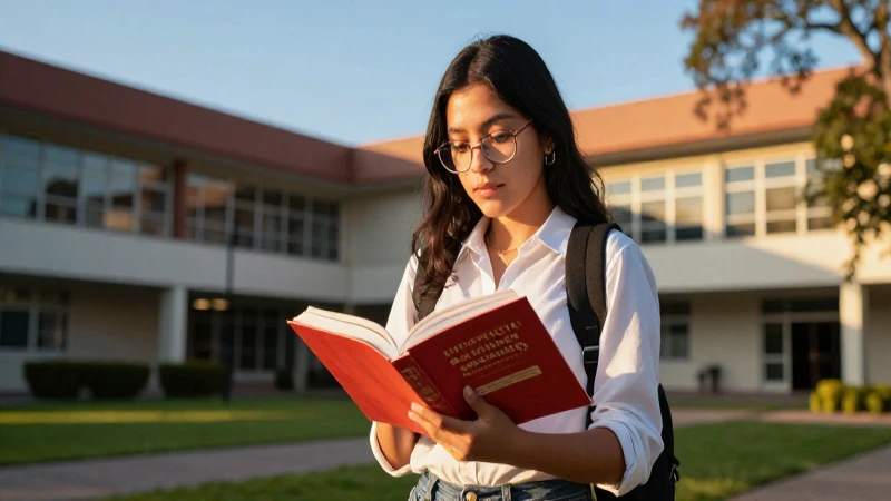 Estudiante mexicano en campus vibrante bajo luz dorada