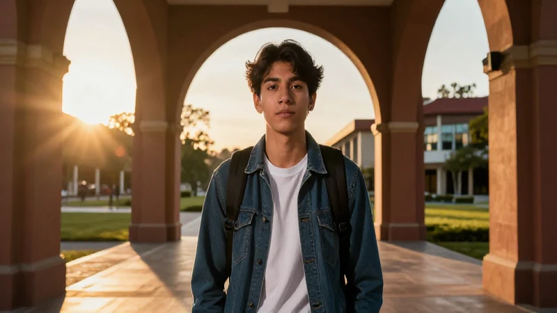 Joven mexicano en campus al atardecer