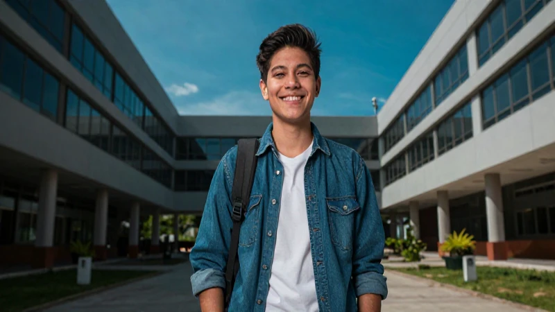 Joven estudiante mexicano en campus, sonriendo con confianza