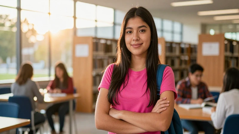 Estudiante mexicana, luz dorada, campus vibrante
