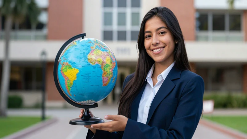 Estudiante mexicano sonriente, globo y campus