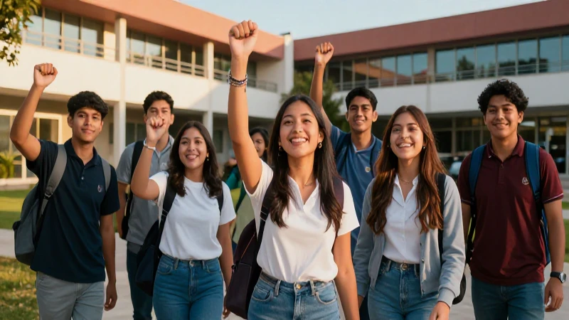 Estudiantes mexicanos celebrando éxito en vibrante campus