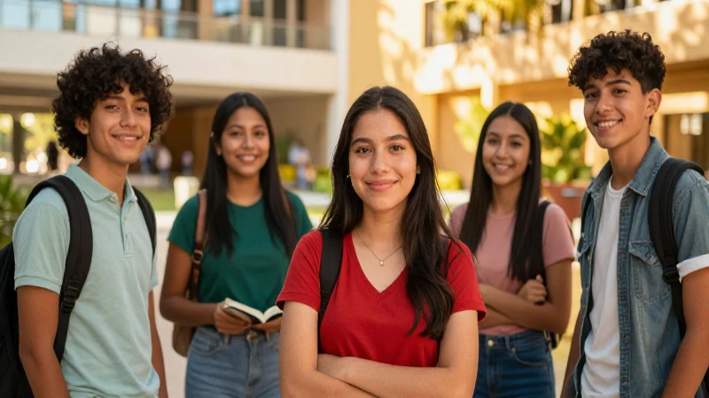 Estudiantes mexicanos diversos en campus moderno
