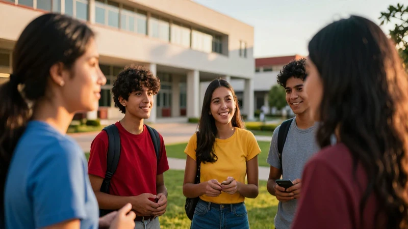 Estudiantes mexicanos colaboran en campus moderno bajo luz dorada
