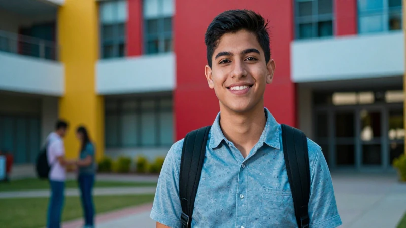 Estudiante mexicano sonriente en moderno entorno académico