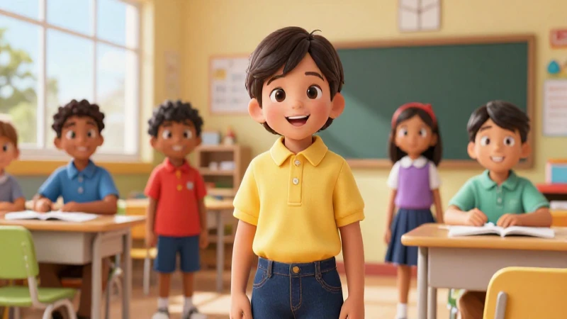 Niño mexicano alegre en aula moderna