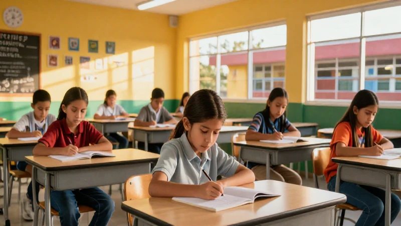 Niños mexicanos en un aula vibrante al atardecer