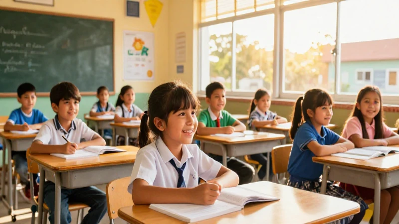 Alumnos mexicanos alegres en un aula moderna y luminosa