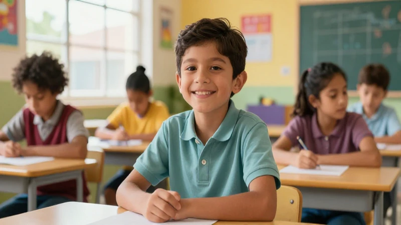 Estudiante mexicano sonriente en entorno de aprendizaje vibrante