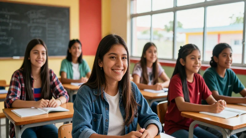 Jóvenes mexicanos sonriendo en aula moderna y vibrante